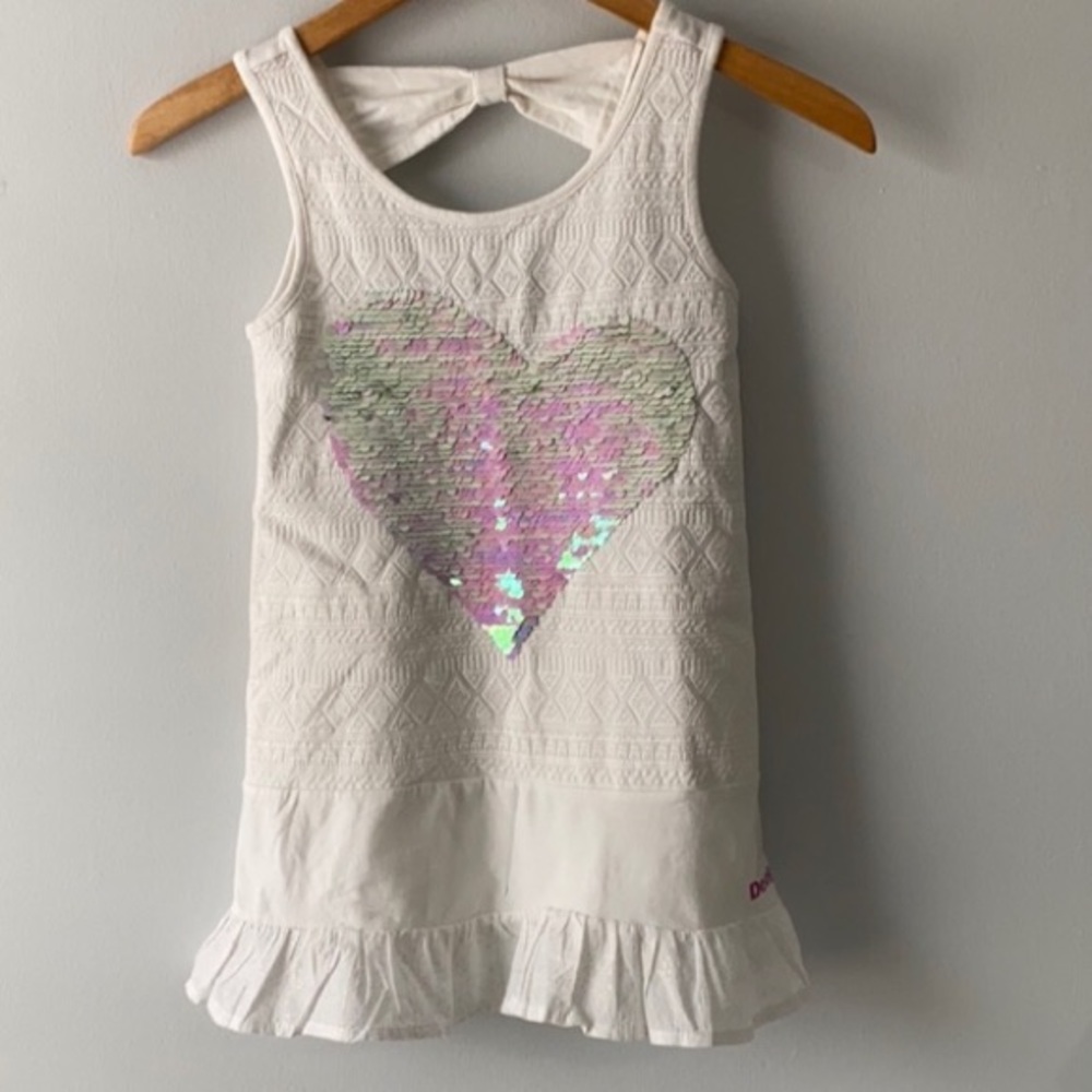 🌸Desigual girls white dress w. Reversible green/pink sequins size 9/10 EUC